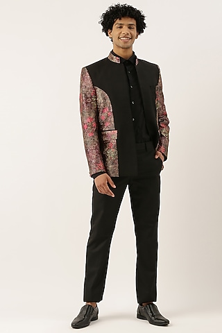 Black & Pink Chanderi Printed Bandhgala Jacket For Boys by Mayank Modi - Kids