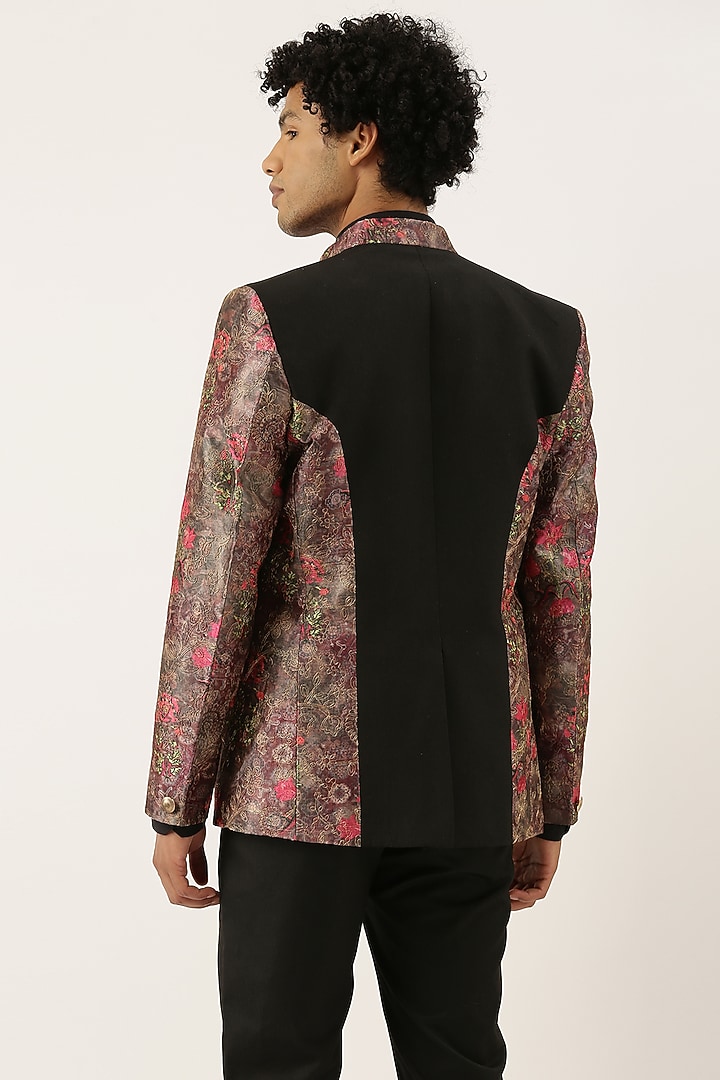 Black & Pink Chanderi Printed Bandhgala Jacket For Boys by Mayank Modi - Kids at Pernia's Pop Up Shop