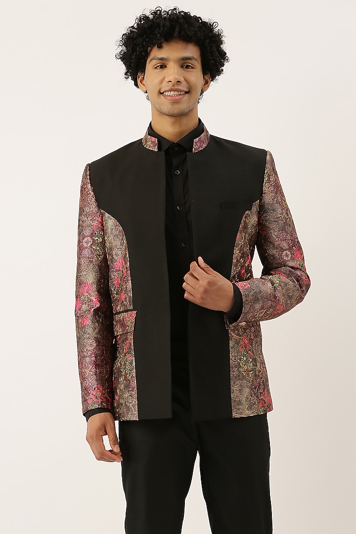 Black & Pink Chanderi Printed Bandhgala Jacket For Boys by Mayank Modi - Kids at Pernia's Pop Up Shop