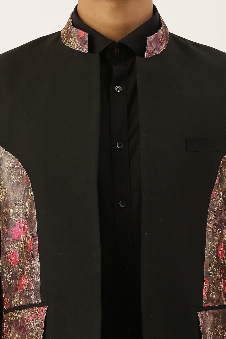 Black & Pink Chanderi Printed Bandhgala Jacket For Boys by Mayank Modi - Kids at Pernia's Pop Up Shop