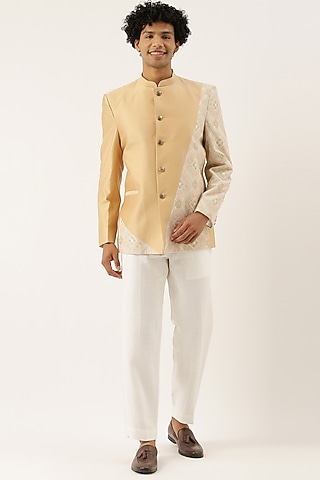 Pastel Beige & Ivory Silk Embroidered Bandhgala Jacket For Boys by Mayank Modi - Kids