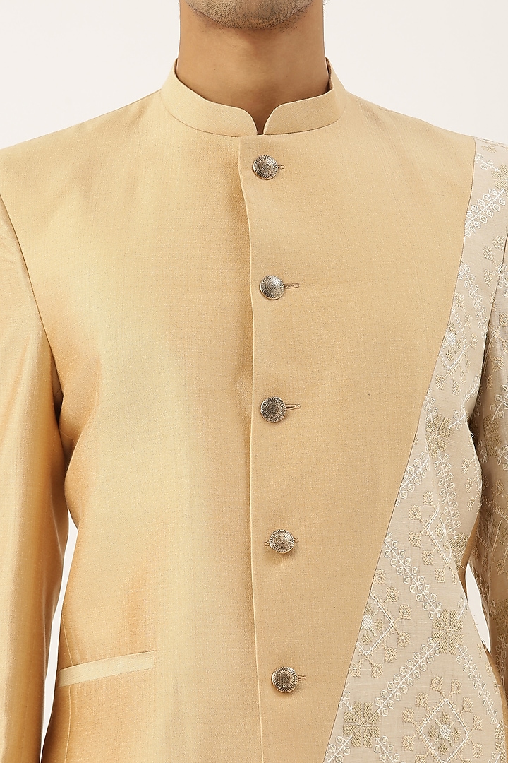 Pastel Beige & Ivory Silk Embroidered Bandhgala Jacket For Boys by Mayank Modi - Kids at Pernia's Pop Up Shop