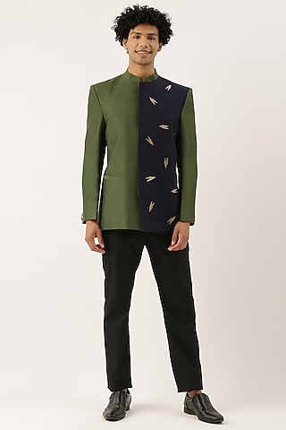 Blue & Green Cotton Embellished Bandhgala Jacket For Boys by Mayank Modi - Kids