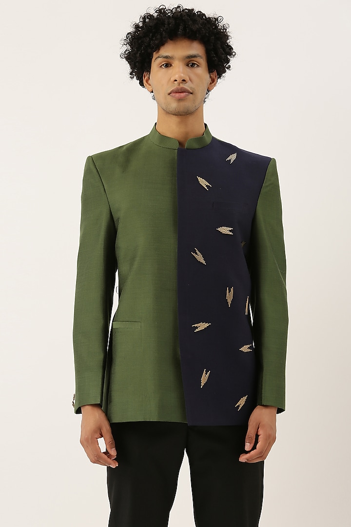 Blue & Green Cotton Embellished Bandhgala Jacket For Boys by Mayank Modi - Kids at Pernia's Pop Up Shop