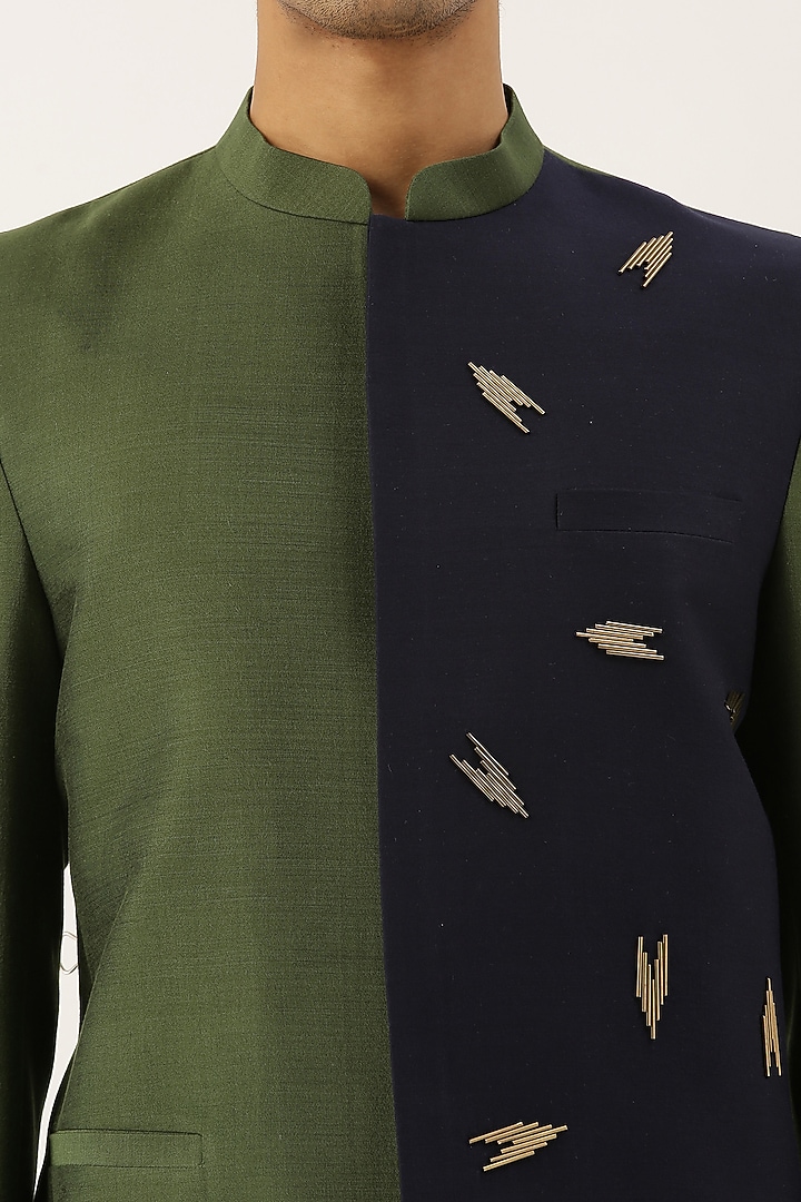 Blue & Green Cotton Embellished Bandhgala Jacket For Boys by Mayank Modi - Kids at Pernia's Pop Up Shop