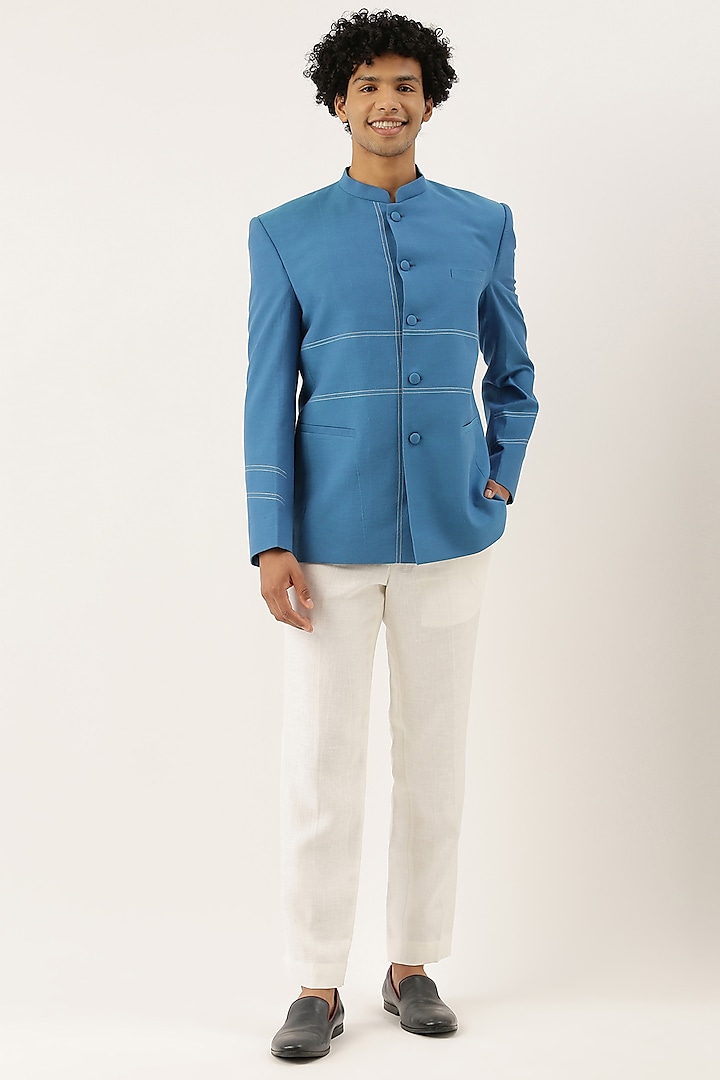 Blue Malai Cotton Bandhgala Jacket For Boys by Mayank Modi - Kids
