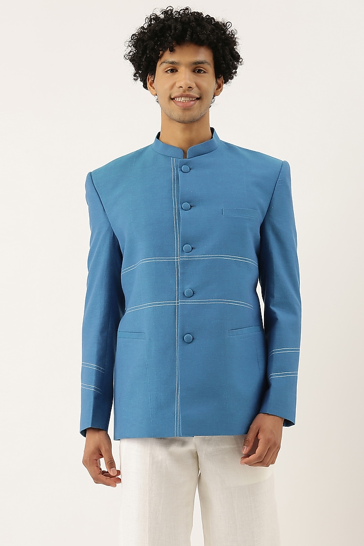 Blue Malai Cotton Bandhgala Jacket For Boys by Mayank Modi - Kids at Pernia's Pop Up Shop