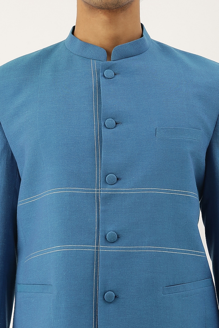 Blue Malai Cotton Bandhgala Jacket For Boys by Mayank Modi - Kids at Pernia's Pop Up Shop