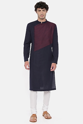 Midnight Blue & White Cotton Asymmetric Kurta Set For Boys by Mayank Modi - Kids