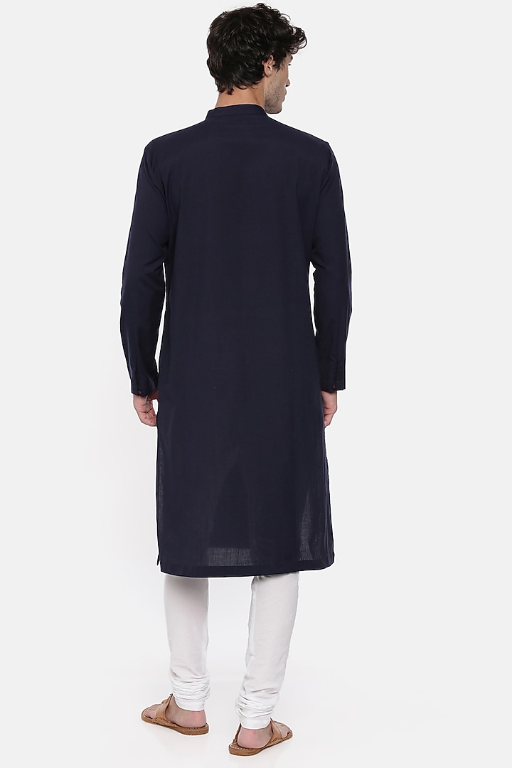 Midnight Blue & White Cotton Asymmetric Kurta Set For Boys by Mayank Modi - Kids at Pernia's Pop Up Shop