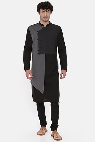 Black & Grey Cotton Kurta Set For Boys by Mayank Modi - Kids