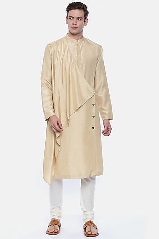 Beige Linen Silk Draped Kurta Set For Boys by Mayank Modi - Kids