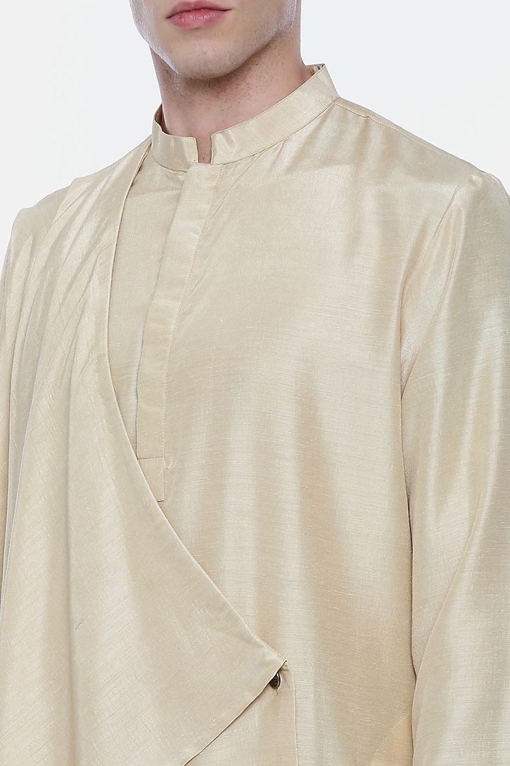 Beige Linen Silk Draped Kurta Set For Boys by Mayank Modi - Kids at Pernia's Pop Up Shop