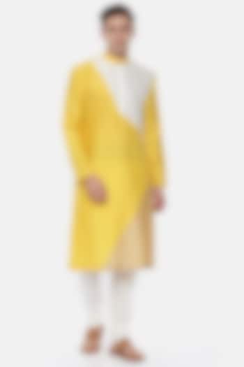 Yellow Silk Cotton Color-Blocked Kurta Set For Boys by Mayank Modi - Kids