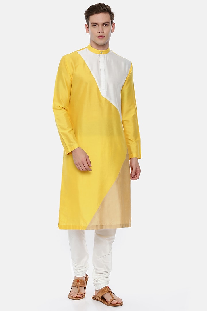 Yellow Silk Cotton Color-Blocked Kurta Set For Boys by Mayank Modi - Kids