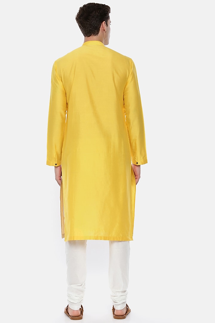Yellow Silk Cotton Color-Blocked Kurta Set For Boys by Mayank Modi - Kids at Pernia's Pop Up Shop