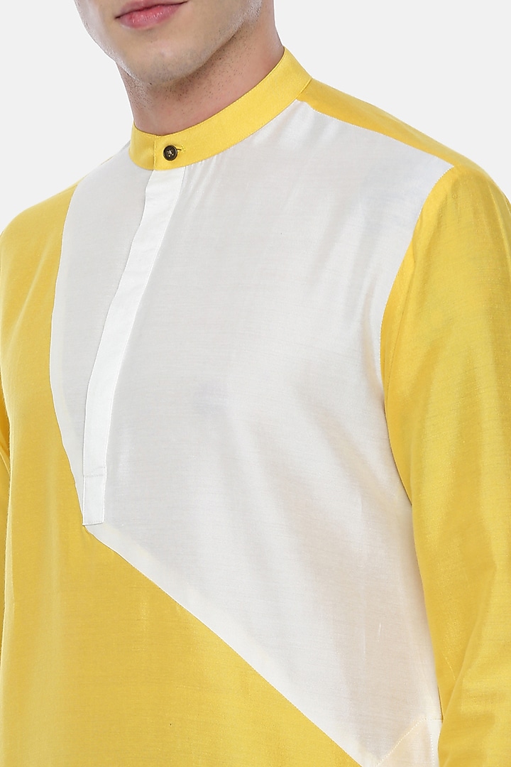 Yellow Silk Cotton Color-Blocked Kurta Set For Boys by Mayank Modi - Kids at Pernia's Pop Up Shop