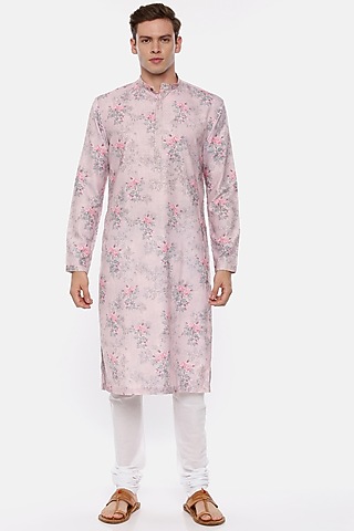 Pink Linen Floral Printed Kurta Set For Boys by Mayank Modi - Kids