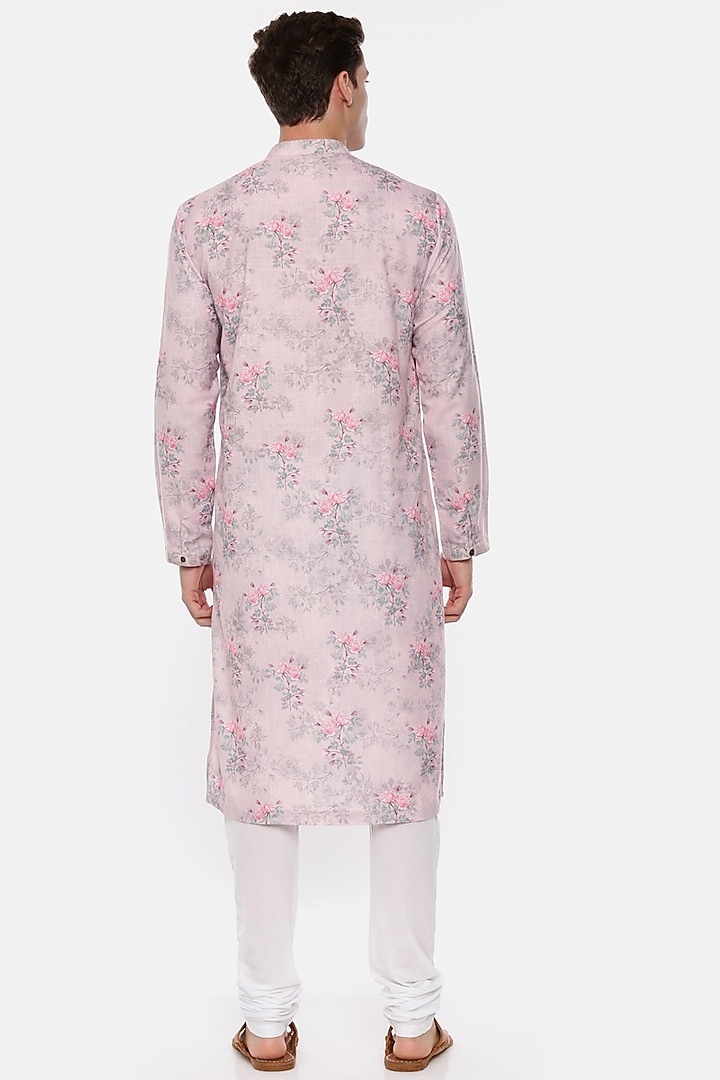 Pink Linen Floral Printed Kurta Set For Boys by Mayank Modi - Kids at Pernia's Pop Up Shop
