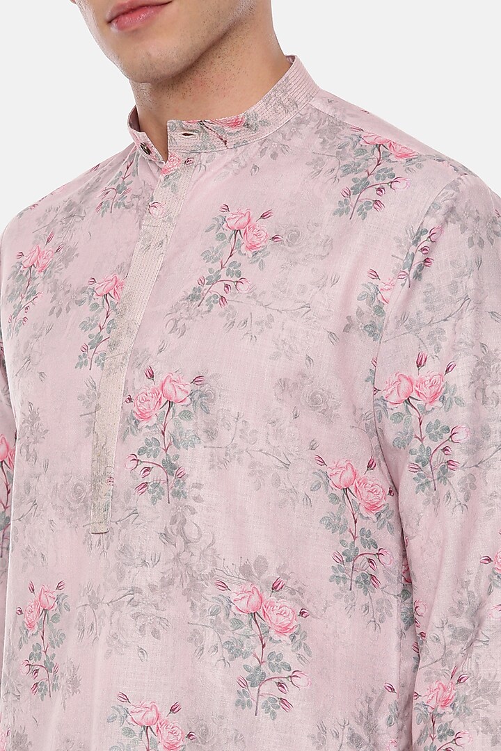 Pink Linen Floral Printed Kurta Set For Boys by Mayank Modi - Kids at Pernia's Pop Up Shop