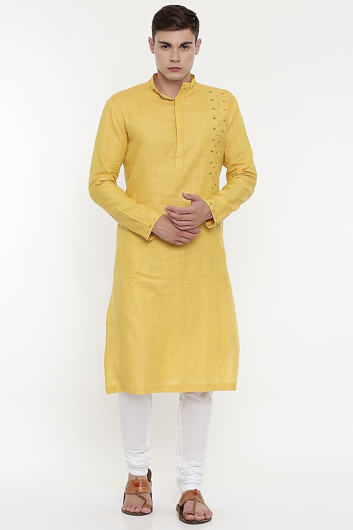 Yellow Linen Embroidered Kurta Set For Boys by Mayank Modi - Kids