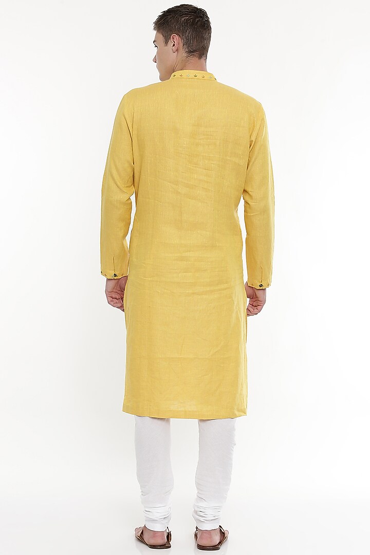 Yellow Linen Embroidered Kurta Set For Boys by Mayank Modi - Kids at Pernia's Pop Up Shop