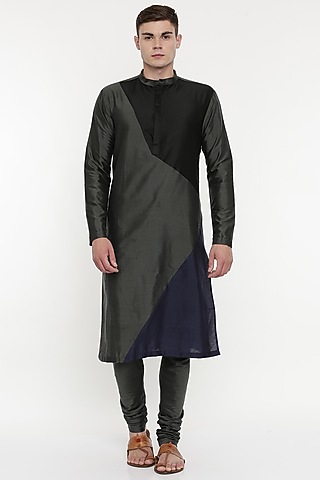Grey Cotton Silk Kurta Set With Geometric Patterns For Boys by Mayank Modi - Kids