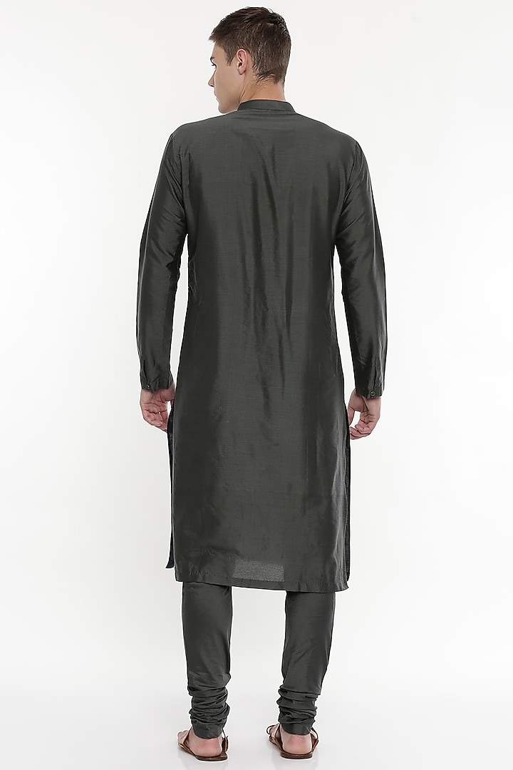 Grey Cotton Silk Kurta Set With Geometric Patterns For Boys by Mayank Modi - Kids at Pernia's Pop Up Shop