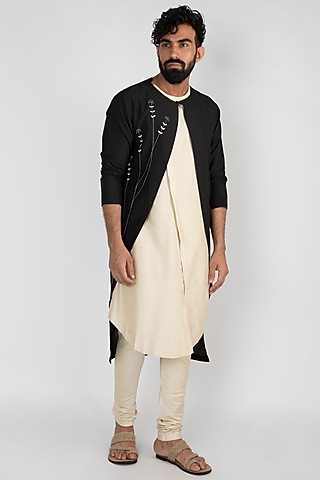 Beige Cotton & Silk Double Layered Kurta Set For Boys by Mayank Modi - Kids