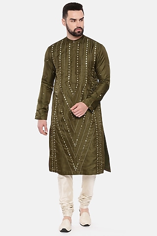 Mehendi Green Silk Embroidered Kurta Set For Boys by Mayank Modi - Kids