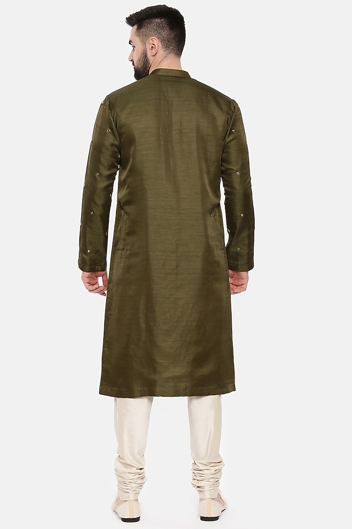 Mehendi Green Silk Embroidered Kurta Set For Boys by Mayank Modi - Kids at Pernia's Pop Up Shop