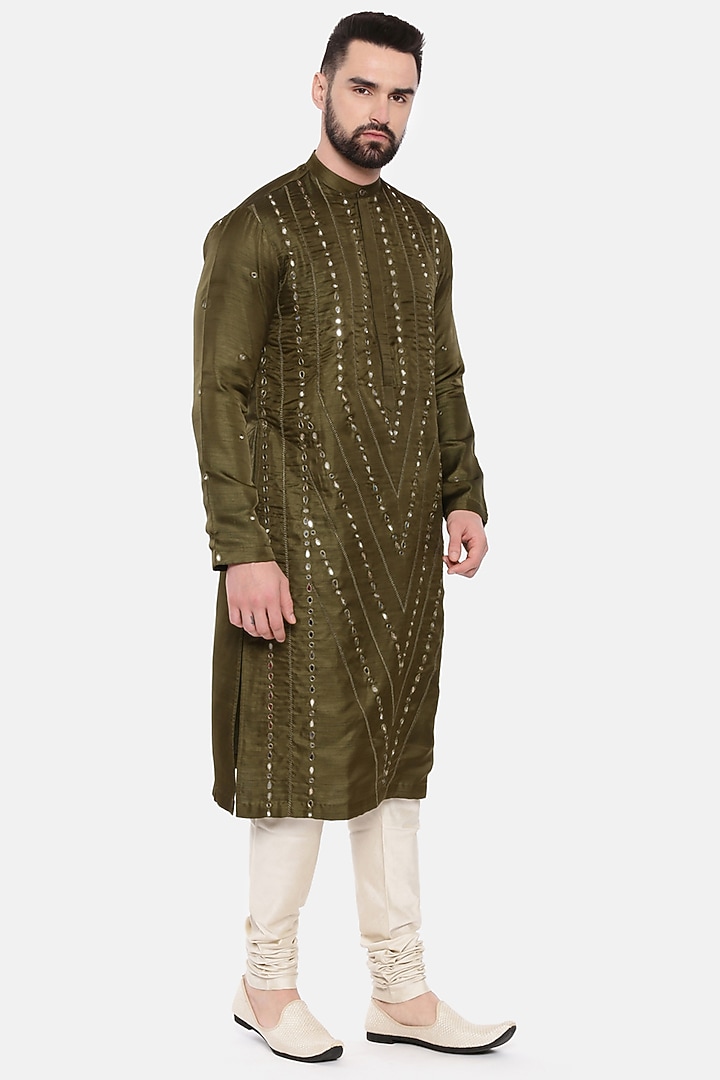 Mehendi Green Silk Embroidered Kurta Set For Boys by Mayank Modi - Kids at Pernia's Pop Up Shop