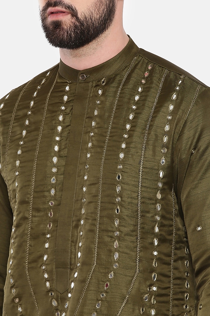 Mehendi Green Silk Embroidered Kurta Set For Boys by Mayank Modi - Kids at Pernia's Pop Up Shop