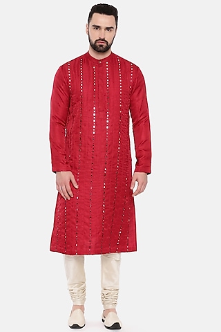 Red Silk Embroidered Kurta Set For Boys by Mayank Modi - Kids