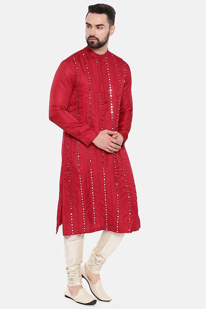 Red Silk Embroidered Kurta Set For Boys by Mayank Modi - Kids at Pernia's Pop Up Shop