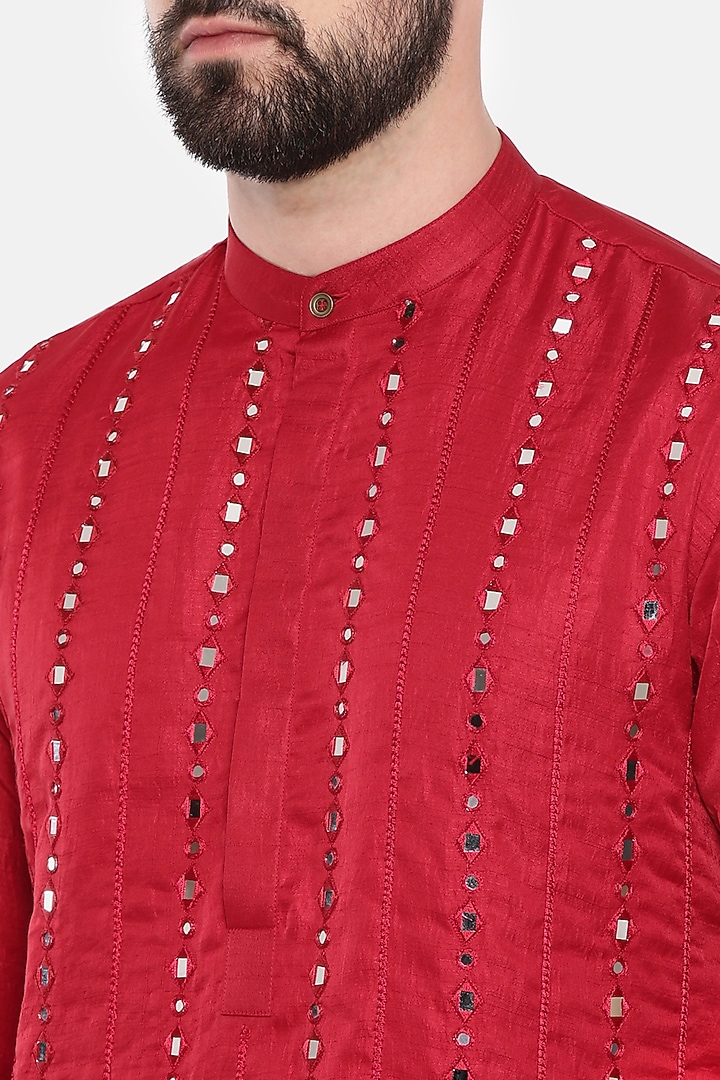 Red Silk Embroidered Kurta Set For Boys by Mayank Modi - Kids at Pernia's Pop Up Shop