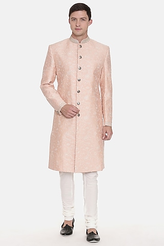 Classic Pink Chanderi Embroidered Sherwani Set For Boys by Mayank Modi - Kids