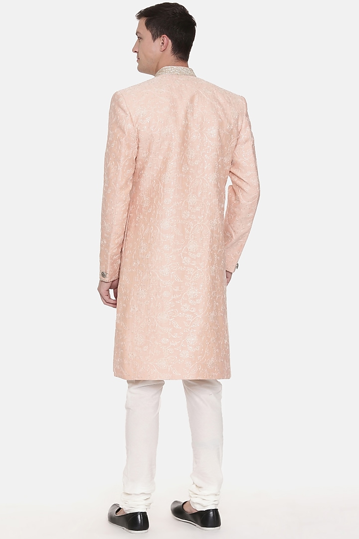 Classic Pink Chanderi Embroidered Sherwani Set For Boys by Mayank Modi - Kids at Pernia's Pop Up Shop