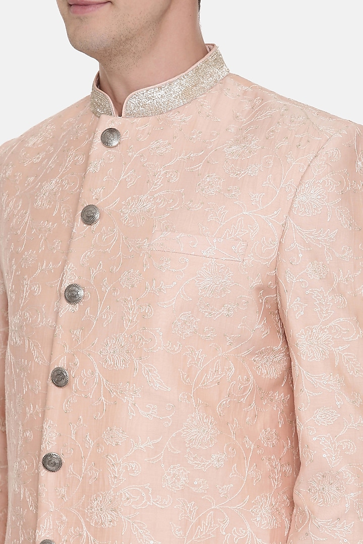 Classic Pink Chanderi Embroidered Sherwani Set For Boys by Mayank Modi - Kids at Pernia's Pop Up Shop