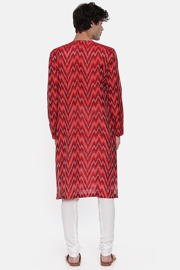 Red & White Silk Ikat Kurta Set For Boys by Mayank Modi - Kids at Pernia's Pop Up Shop