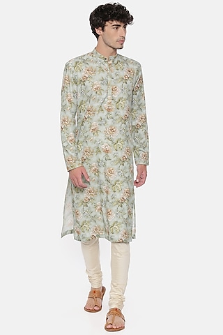 Green Linen Printed Kurta Set For Boys by Mayank Modi - Kids