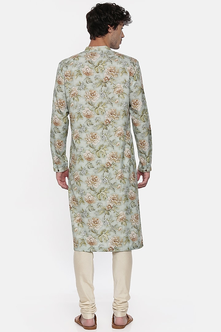 Green Linen Printed Kurta Set For Boys by Mayank Modi - Kids at Pernia's Pop Up Shop