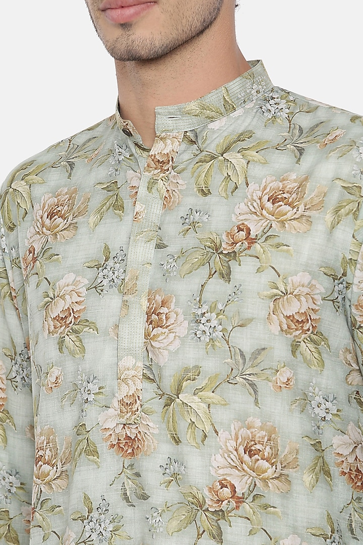 Green Linen Printed Kurta Set For Boys by Mayank Modi - Kids at Pernia's Pop Up Shop