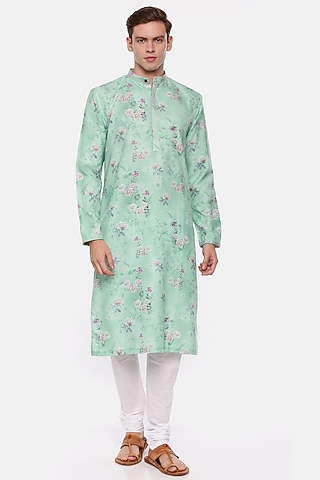 Aqua Blue Linen Floral Printed Kurta Set For Boys by Mayank Modi - Kids