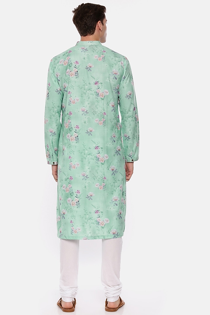 Aqua Blue Linen Floral Printed Kurta Set For Boys by Mayank Modi - Kids at Pernia's Pop Up Shop