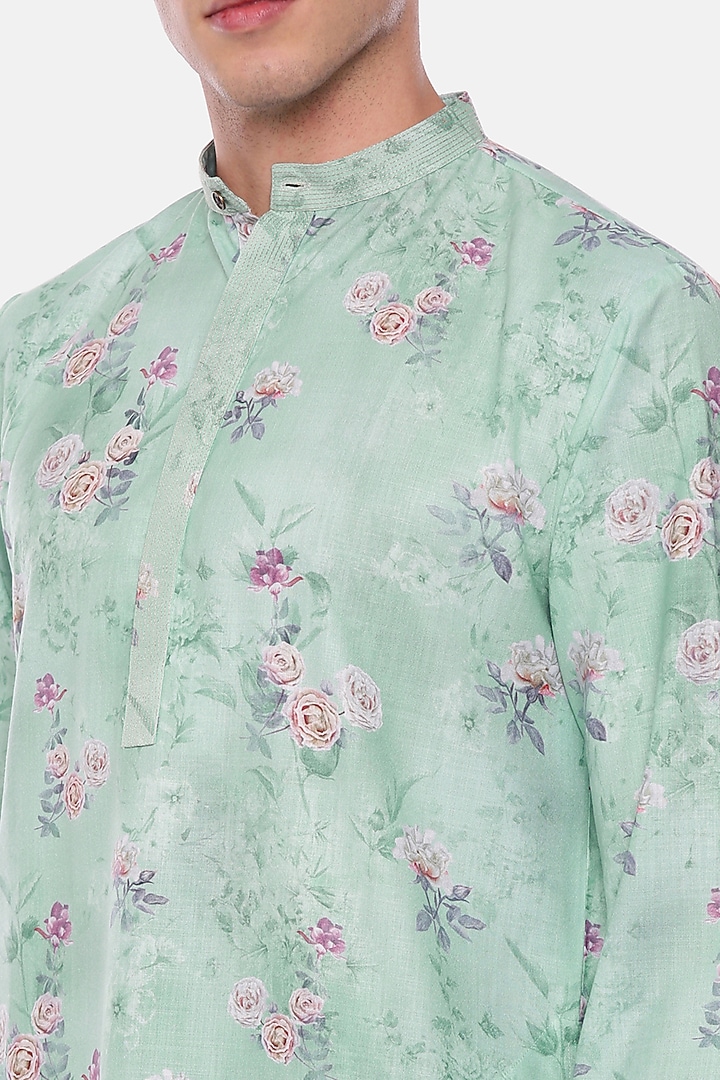 Aqua Blue Linen Floral Printed Kurta Set For Boys by Mayank Modi - Kids at Pernia's Pop Up Shop