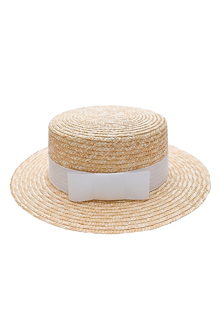 Beige Natural Wheat Straw Boater Hat by Myaraa by Namrata Lodha at Pernia's Pop Up Shop