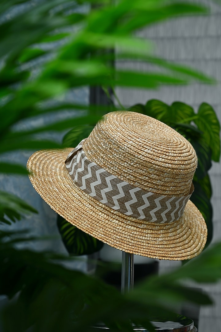 Beige Natural Wheat Straw Boater Hat by Myaraa by Namrata Lodha at Pernia's Pop Up Shop