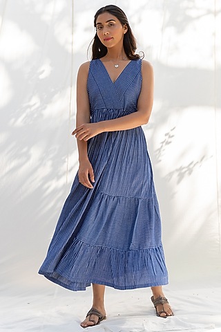 Blue Striped Flared Dress by MoonTara