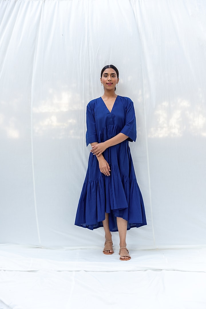 Deep Blue Asymmetrical Tiered Dress by MoonTara